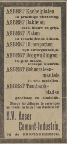 Reclame voor asbestproducten. Bron: Delpher, Provinciale Drentsche en Asser Courant, 4 maart 1935