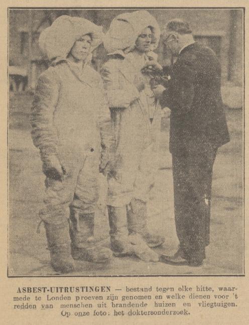Mannen in asbestpakken. Bron: Delpher, Provinciale Geldersche en Nijmeegsche Courant, 4 maart 1935
