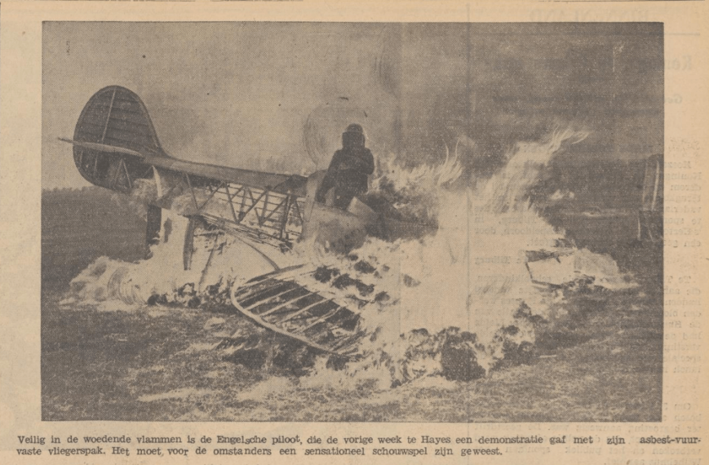 Een piloot in een asbestpak. Bron: Delpher. De Avondpost 17 mei 1935