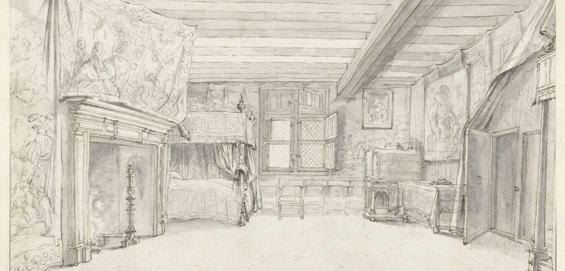 Interieur van een weelderig ingerichte kamer met een hemelbed door Adriaen Pietersz. van de Venne ca 1600-1662. Bron: Rijksmuseum